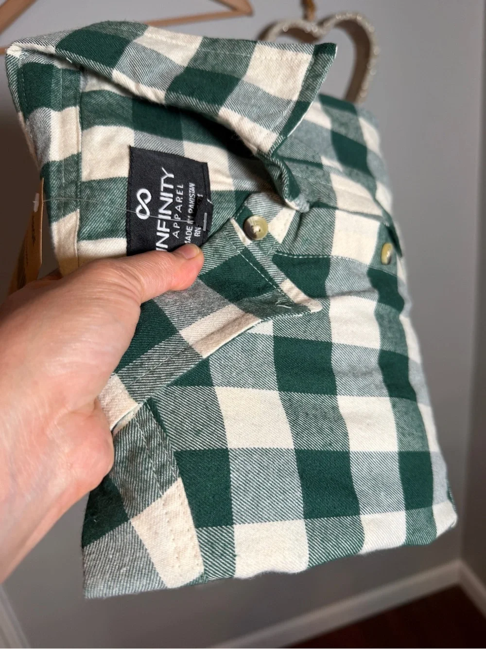 Infinity Apparel Green Cream Buffalo Plaid Flannel Shirt Button Up Shacket XL